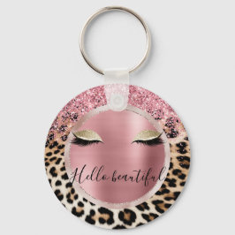 Glitzy Pink Glitter Gouden Wimpers Luipaard Sleutelhanger