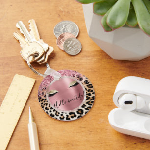 Glitzy Pink Glitter Gouden Wimpers Luipaard Sleutelhanger