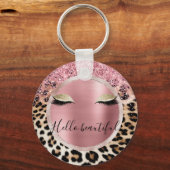 Glitzy Pink Glitter Gouden Wimpers Luipaard Sleutelhanger (Voorkant)
