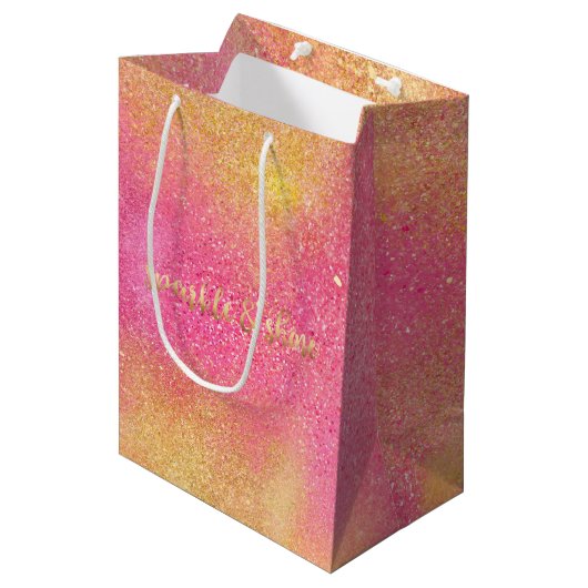 Glitzy Pink Gold Sparkle en Shine Medium Cadeauzakje (Voorkant Gekanteld)