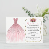 Glitzy Pink Gown Quinceañera Uitnodiging (Staand voorkant)
