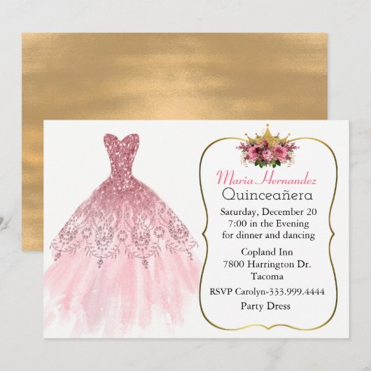 Glitzy Pink Gown Quinceañera Uitnodiging (Voorkant / Achterkant)