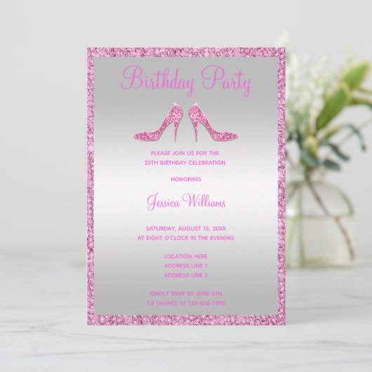 Glitzy Pink Sequins & Stilettos 25e verjaardag Kaart (Staand voorkant)
