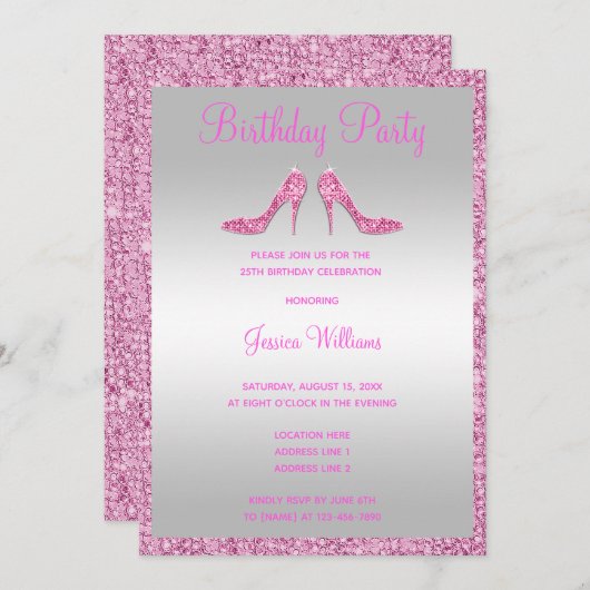 Glitzy Pink Sequins & Stilettos 25e verjaardag Kaart (Voorkant / Achterkant)