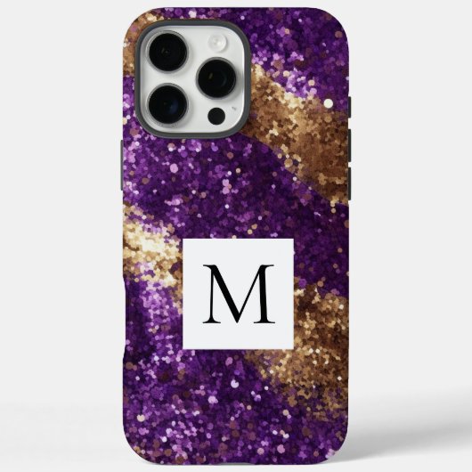 Glitzy Purple Gold Glitter Monogram Case-Mate iPhone Case (Achterkant)