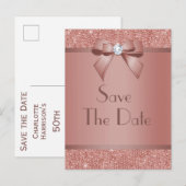 Glitzy Roos Gold Bow & Gem Birthday Party Aankondigingskaart (Voorkant / Achterkant)