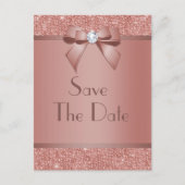 Glitzy Roos Gold Bow & Gem Birthday Party Aankondigingskaart (Voorkant)