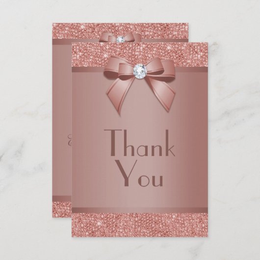 Glitzy Roos Gold Bow & Gem Birthday Party Bedankkaart (Voorkant / Achterkant)
