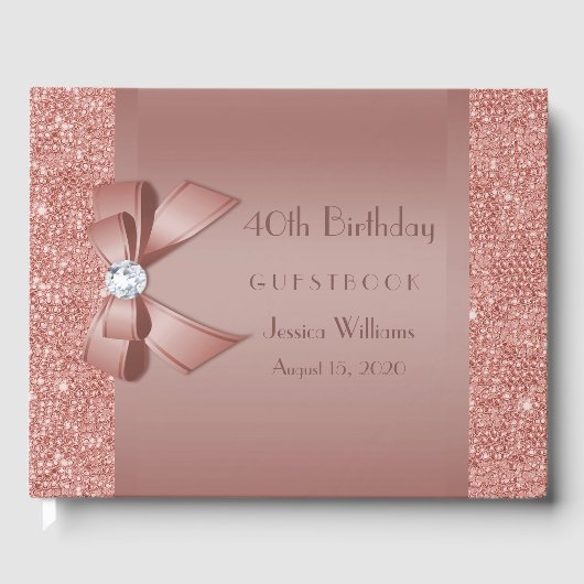 Glitzy Roos Gold Bow & Gem Birthday Party Gastenboek (Voorkant)