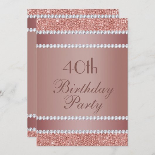 Glitzy Roos Gold & Diamond Gem Birthday Party Kaart (Voorkant / Achterkant)