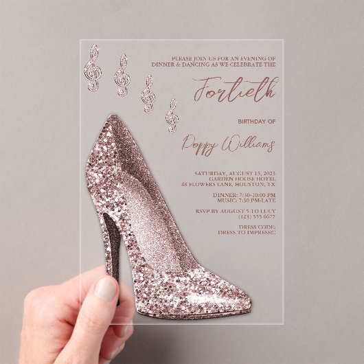 Glitzy Roos Gouden Stiletto & Muzieknoten 40e Acryl Uitnodigingen (Insitu (Draagbaar))
