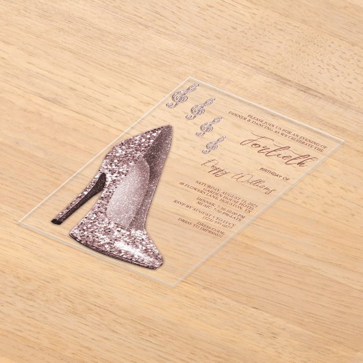 Glitzy Roos Gouden Stiletto & Muzieknoten 40e Acryl Uitnodigingen (Laagn)
