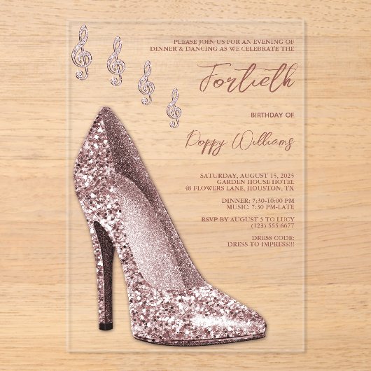 Glitzy Roos Gouden Stiletto & Muzieknoten 40e Acryl Uitnodigingen (Voorkant)