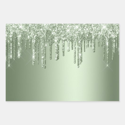 Glitzy Sage Green Sparkle Glitter Drips Verjaardag Inpakpapier Vel (Voorkant)