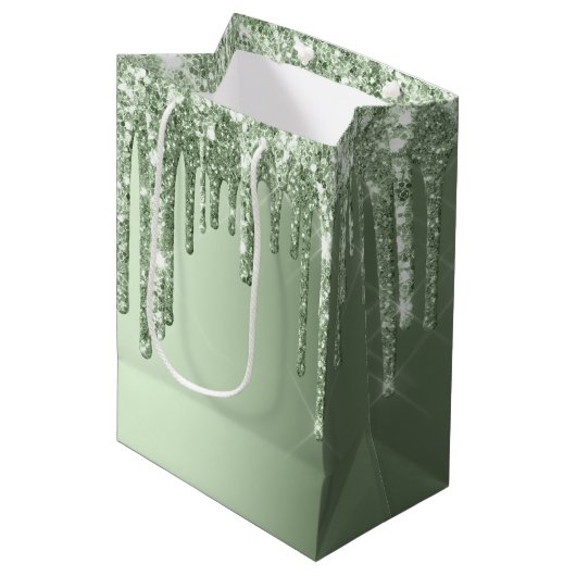 Glitzy Sage Green Sparkle Glitter Drips Verjaardag Medium Cadeauzakje (Voorkant Gekanteld)