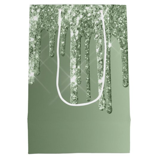 Glitzy Sage Green Sparkle Glitter Drips Verjaardag Medium Cadeauzakje (Achterkant)