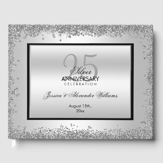 Glitzy Silver & Black 25th Wedding Jubileum Gastenboek (Voorkant)
