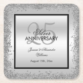 Glitzy Silver & Black 25th Wedding Jubileum Kartonnen Onderzetters (Voorkant)