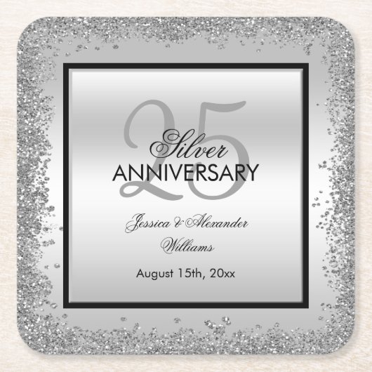 Glitzy Silver & Black 25th Wedding Jubileum Kartonnen Onderzetters (Voorkant)