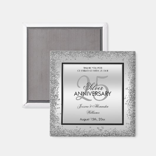 Glitzy Silver & Black 25th Wedding Jubileum Magneet (Voorkant / Achterkant)