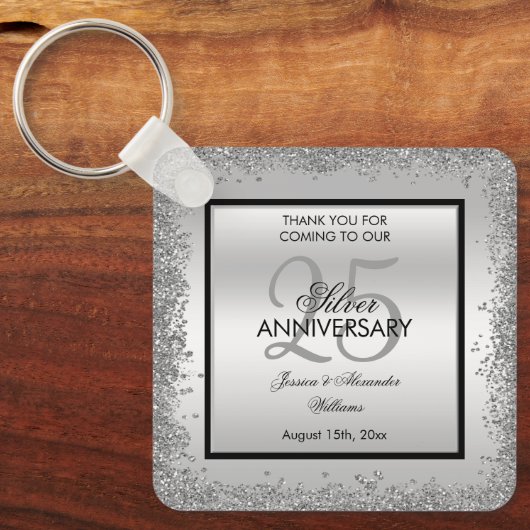 Glitzy Silver & Black 25th Wedding Jubileum Sleutelhanger (Voorkant)