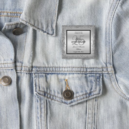 Glitzy Silver & Black 25th Wedding Jubileum Vierkante Button 5,1 Cm (In situ)