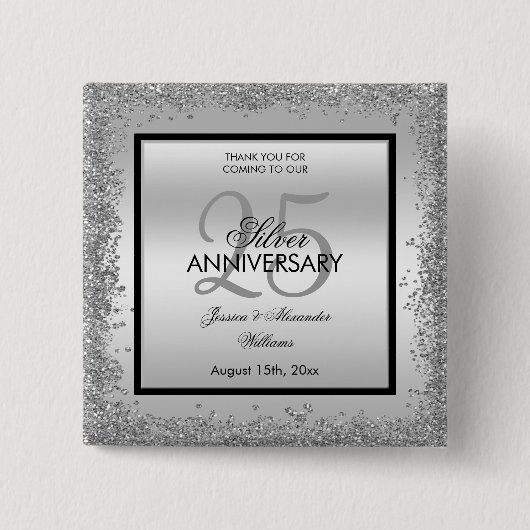 Glitzy Silver & Black 25th Wedding Jubileum Vierkante Button 5,1 Cm (Voorkant)