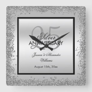 Glitzy Silver & Black 25th Wedding Jubileum Vierkante Klok