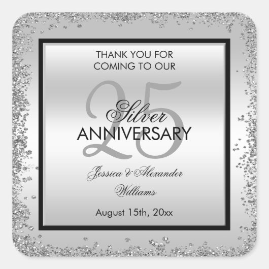 Glitzy Silver & Black 25th Wedding Jubileum Vierkante Sticker (Voorkant)