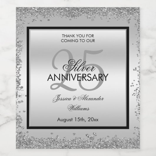 Glitzy Silver & Black 25th Wedding Jubileum Wijn Etiket (Enkel label)