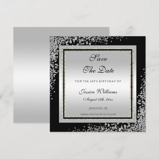 Glitzy Silver Confetti Corners Birthday Save The Date (Voorkant / Achterkant)