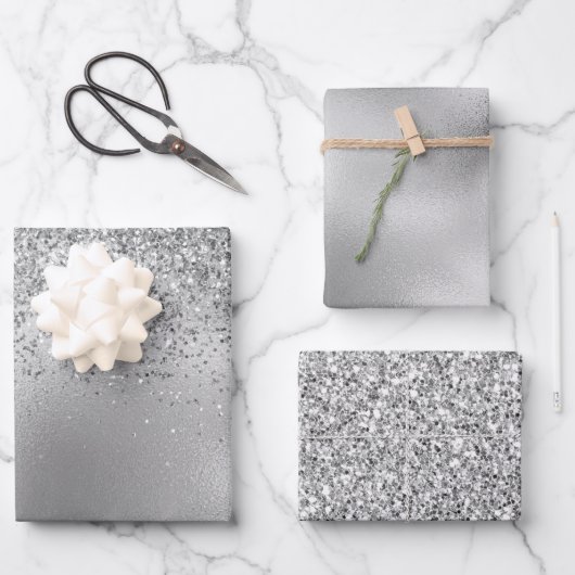 Glitzy Silver Glam Sparkle Glitter Inpakpapier Vel (Voorkant)