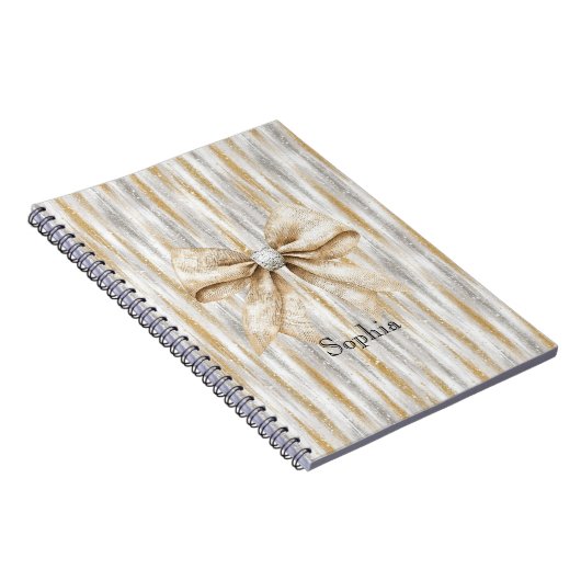 Glitzy Silver Gold Stripes Cream Bow Notitieboek (Rechterzijde)