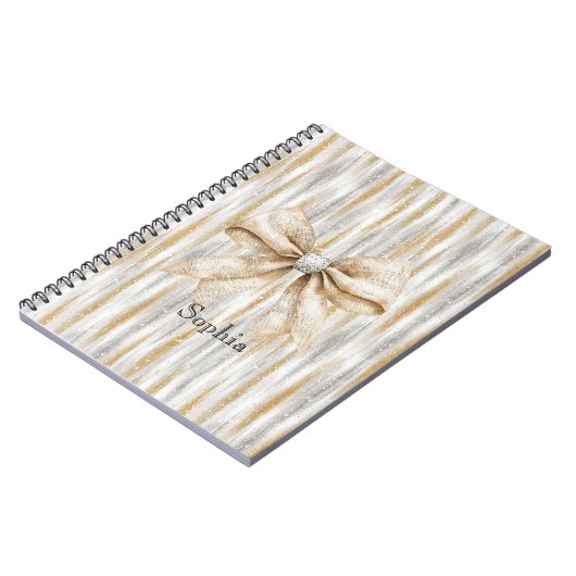 Glitzy Silver Gold Stripes Cream Bow Notitieboek (Linkerzijde)