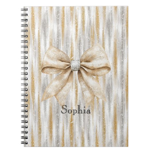 Glitzy Silver Gold Stripes Cream Bow Notitieboek (Voorkant)