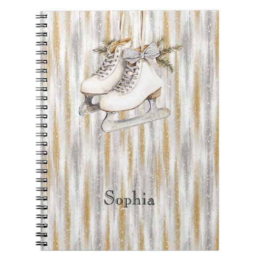 Glitzy Silver Gold Stripes White Ice Skate Notitieboek (Voorkant)