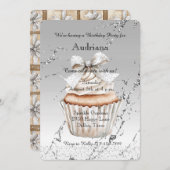 Glitzy Silver White Cupcake Bow Birthday Kaart (Voorkant / Achterkant)