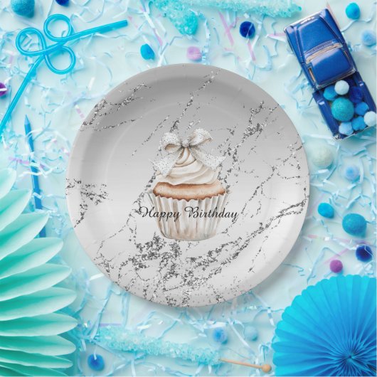 Glitzy Silver White Cupcake Bow Birthday Papieren Bordje (Feest)