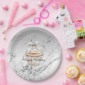 Glitzy Silver White Cupcake Bow Birthday Papieren Bordje (Feest)