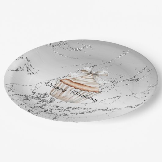 Glitzy Silver White Cupcake Bow Birthday Papieren Bordje (Gekanteld)