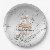 Glitzy Silver White Cupcake Bow Birthday Papieren Bordje (Voorkant)