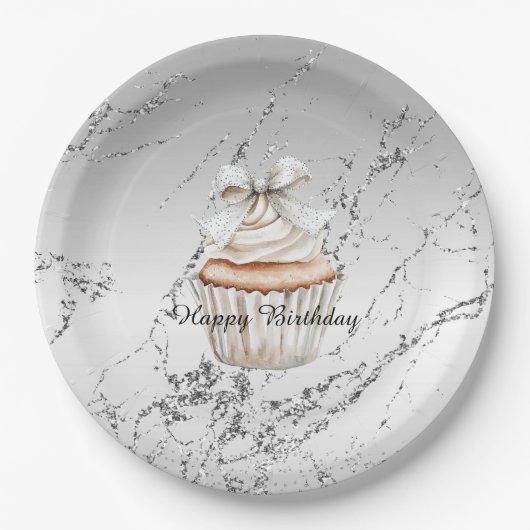 Glitzy Silver White Cupcake Bow Birthday Papieren Bordje (Voorkant)
