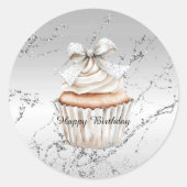 Glitzy Silver White Cupcake Bow Birthday Ronde Sticker (Voorkant)
