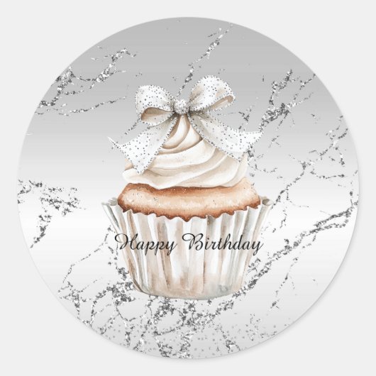 Glitzy Silver White Cupcake Bow Birthday Ronde Sticker (Voorkant)