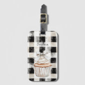 Glitzy Silver White Cupcake Bow Black Cream Plaid Bagagelabel (Voorkant (verticaal))