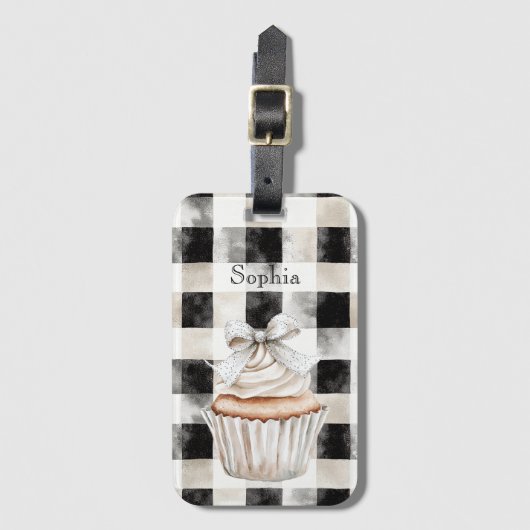 Glitzy Silver White Cupcake Bow Black Cream Plaid Bagagelabel (Voorkant (verticaal))