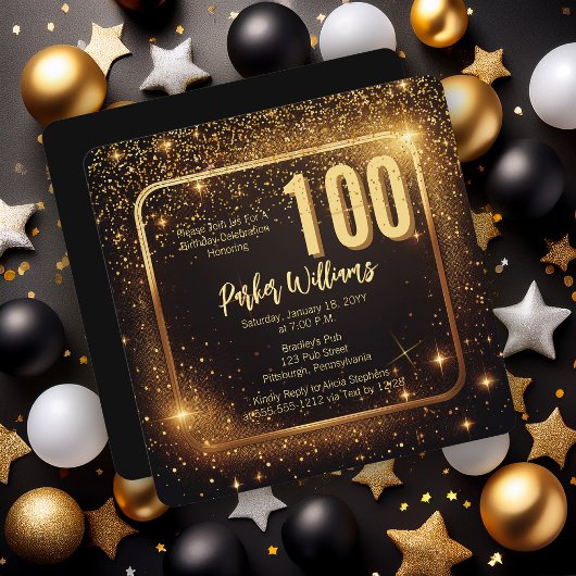 Glitzy Sparkles | Stars Gold 100th Birthday Party Kaart