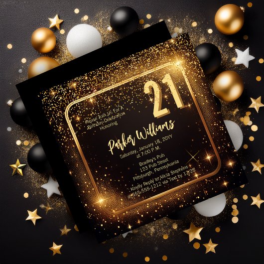 Glitzy Sparkles | Stars Gold 21st Birthday Party Kaart