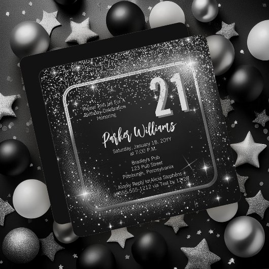 Glitzy Sparkles | Stars Silver 21st Birthday Party Kaart