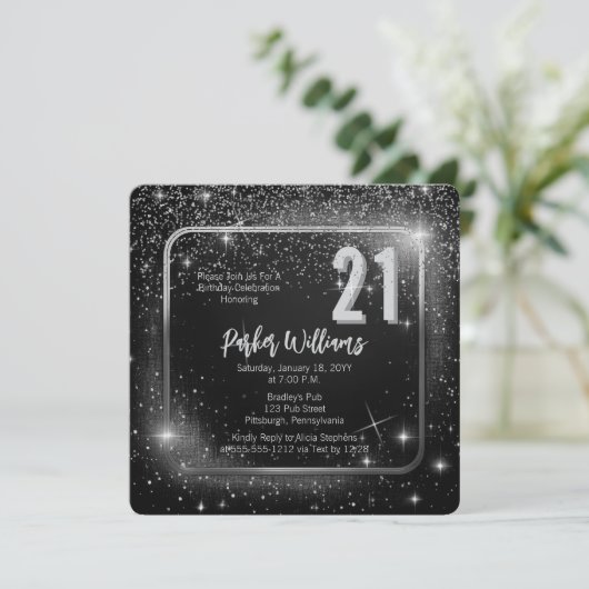 Glitzy Sparkles | Stars Silver 21st Birthday Party Kaart (Staand voorkant)